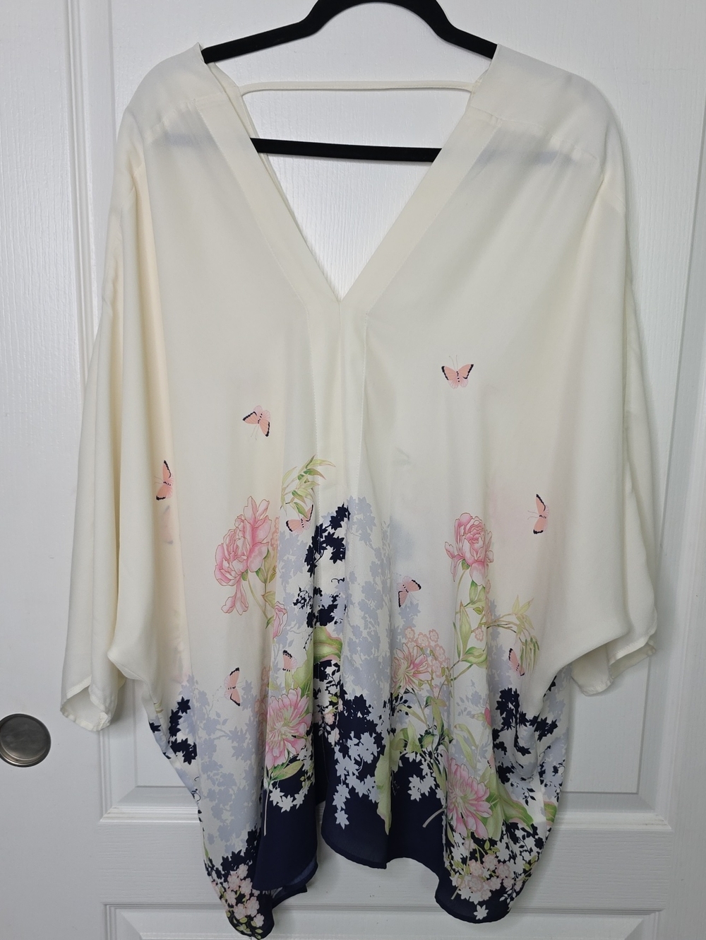Rose & Olive Cream V-Neck Floral Butterfly Tunic with Pink & Navy Accents